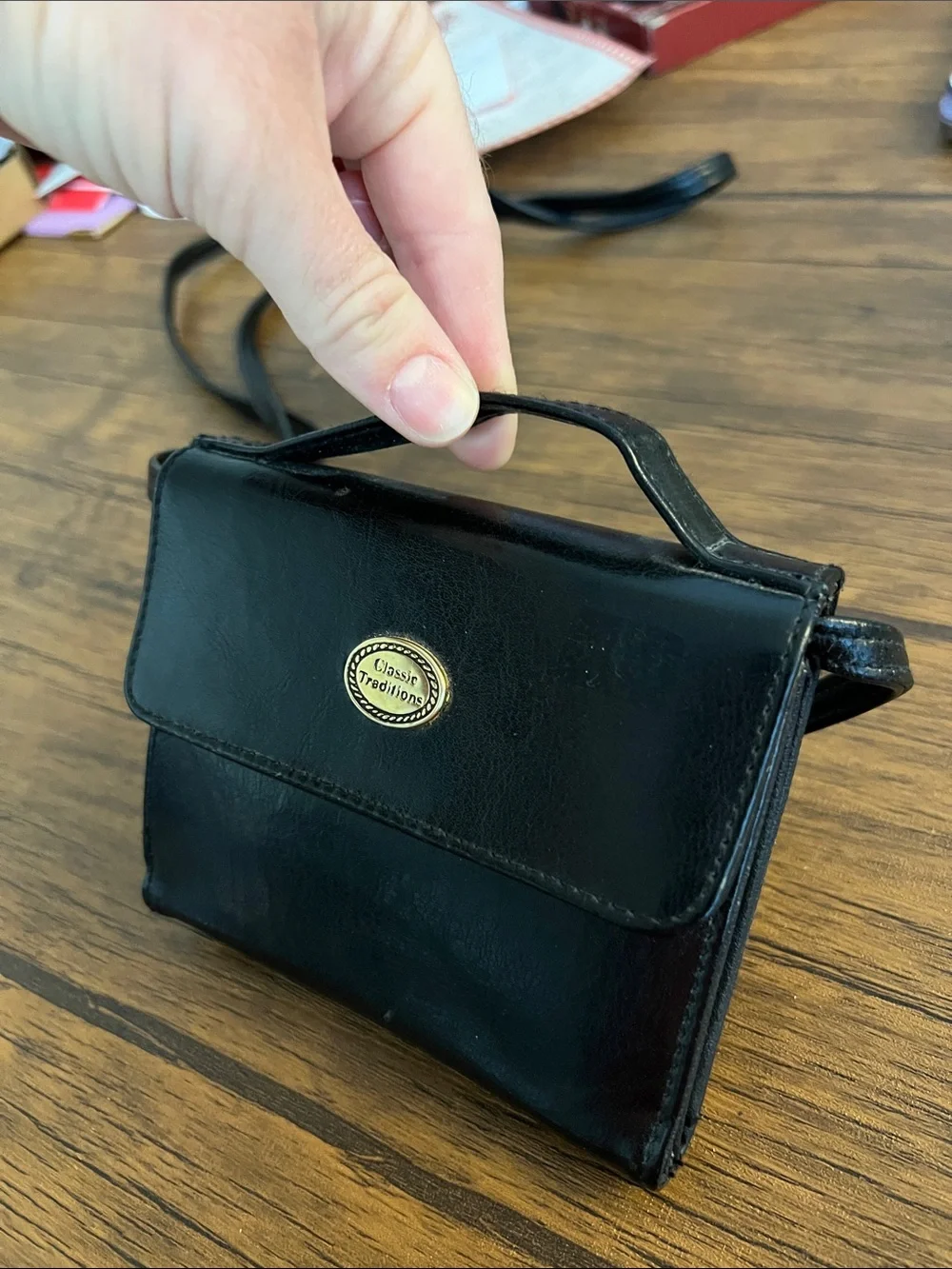 Vintage Black Leather Crossbody Wallet with Gold Logo Plaque and‎ Handle- OS